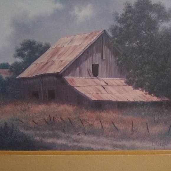 VINTAGE Wood Framed & Matted Art  Signed Gibson Countryside Farmhouse Barn Rare - Picture 7 of 12